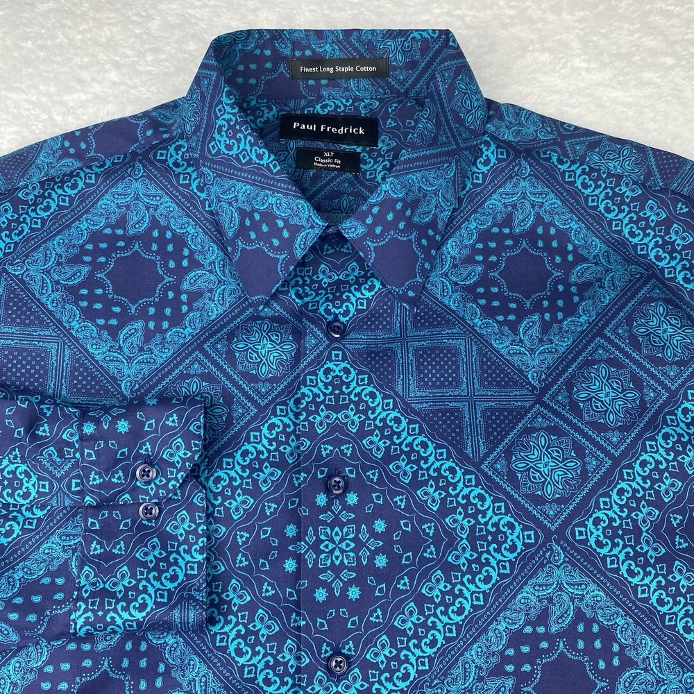 Paul Fredrick Shirt Mens XLT Blue Geometric Print Classic Fit